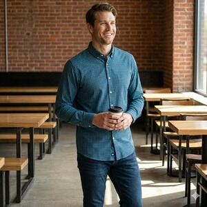 Mizzen Main Mens Button Down Leeward Shirt Size XL Blue Plaid Trim Fit No Tuck